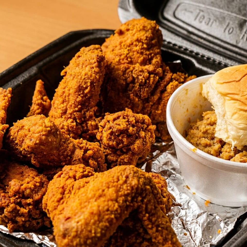 Crispy fried chicken pieces served in a black tray with a biscuit atop seasoned crumbs.