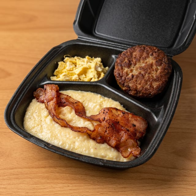Southern Style Grits; Eggs & Pan Sausage.