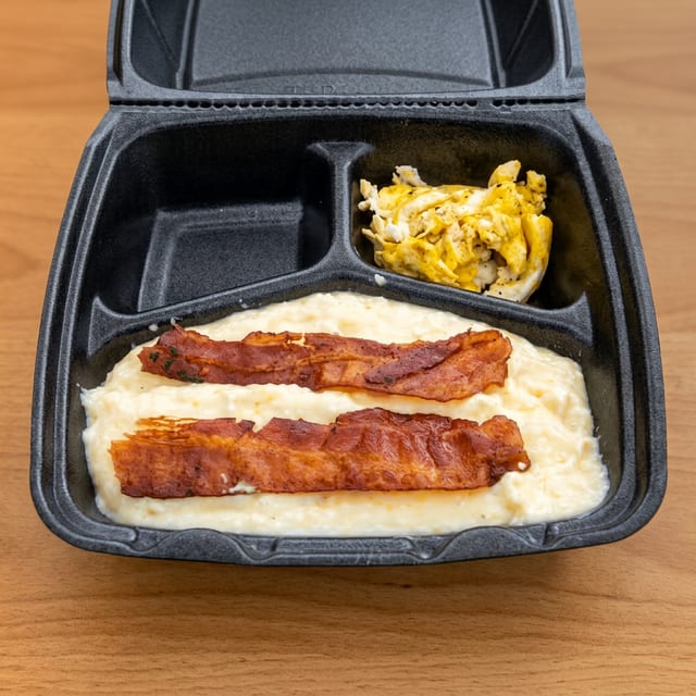 Southern Style Cheese Grits; Eggs & Bacon.