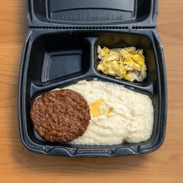 Southern Style Cheese Grits; Eggs & Pan Sausage.